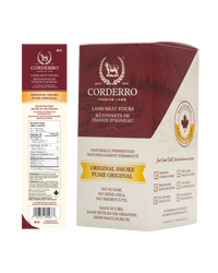Corderro Premium Lamb Meat Sticks – Original Smoke, 24 sticks, showing smoky-flavored lamb meat snacks arranged in a group.