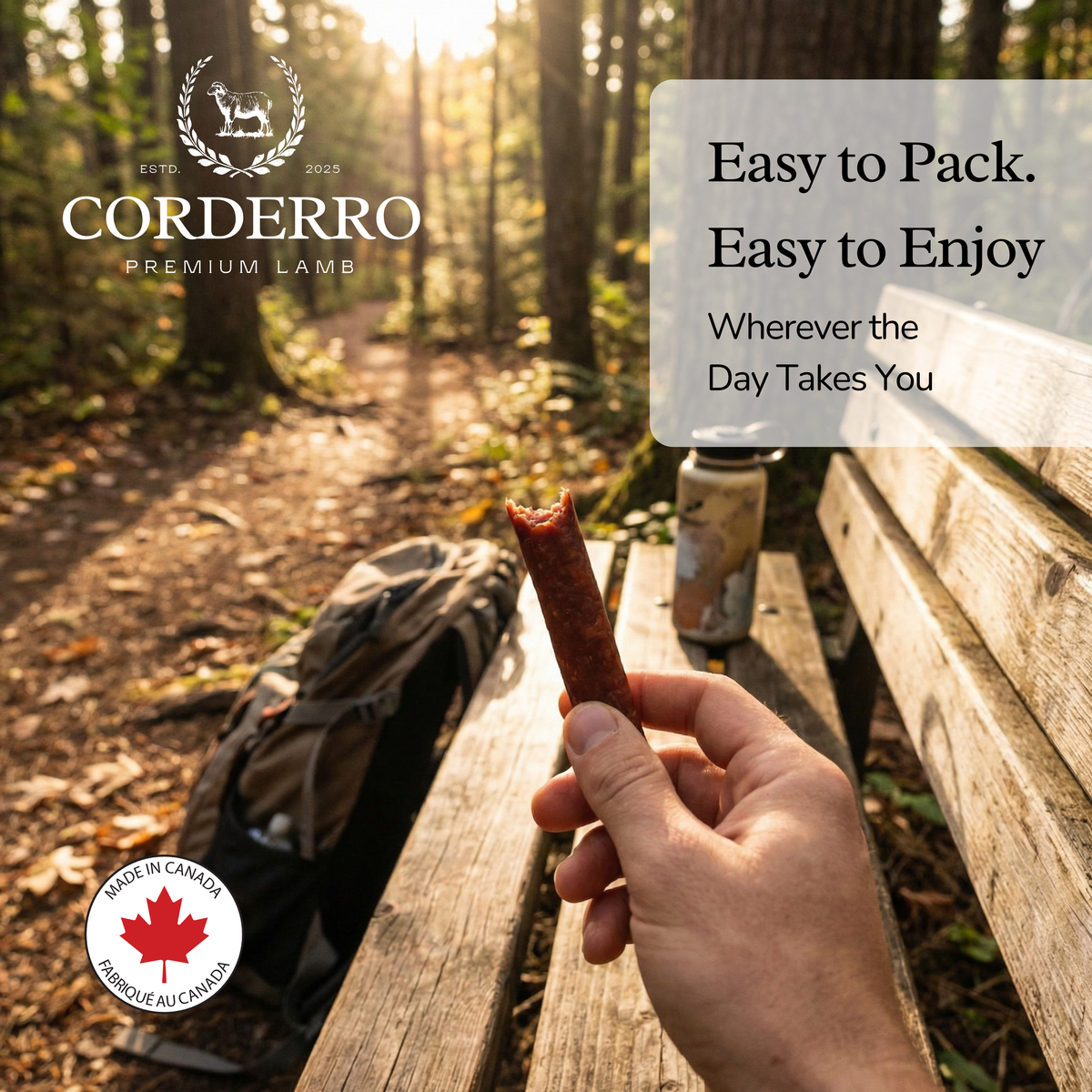 Corderro Premium Lamb Meat Sticks with mild heat, shown in a row of four, highlighting the savory, seasoned snack.