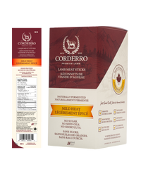 Corderro Premium Lamb Meat Sticks with mild heat, 24 sticks, showcasing the savory, flavorful snack with a natural lamb appearance.