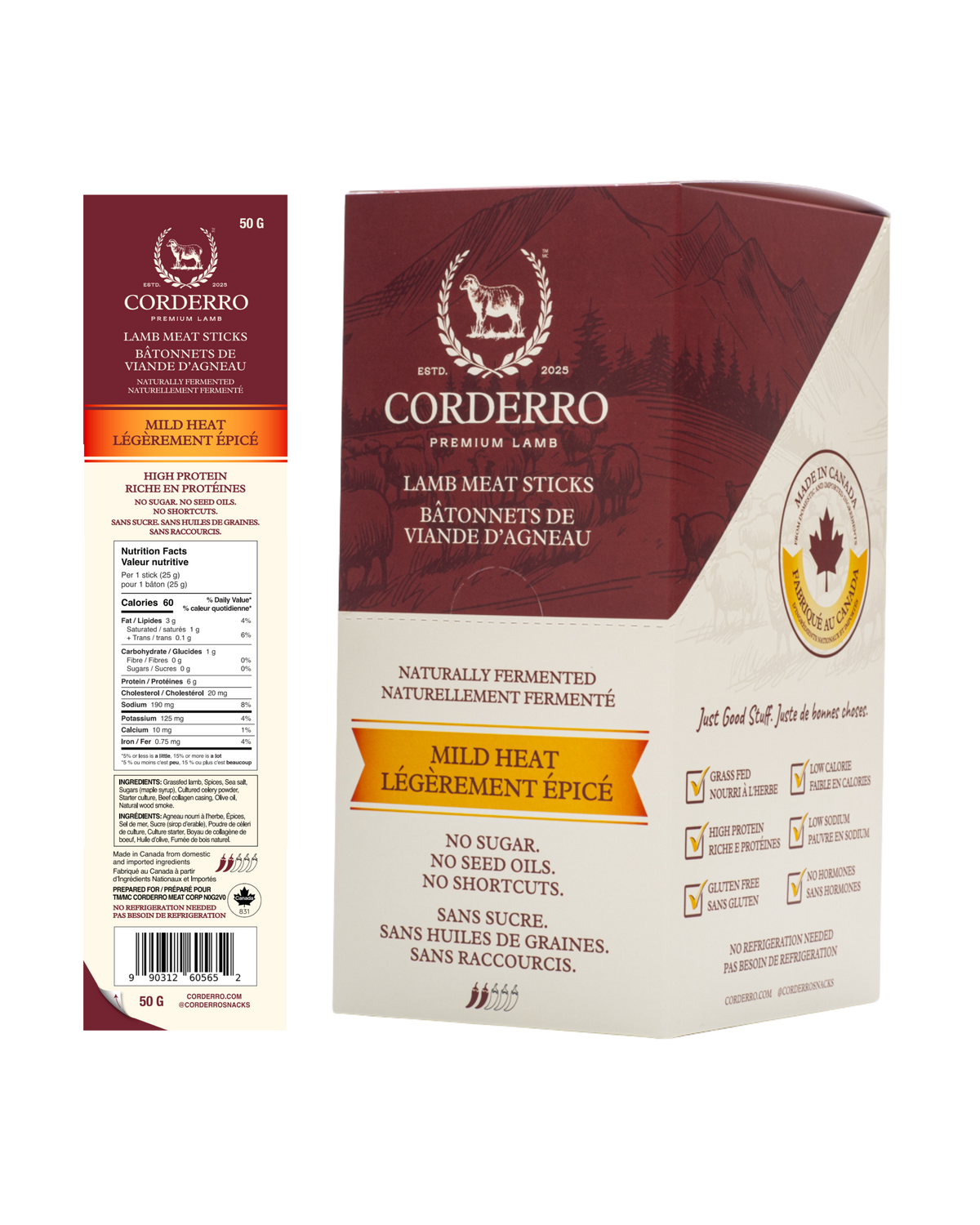 Corderro Premium Lamb Meat Sticks with mild heat, 24 sticks, showcasing the savory, flavorful snack with a natural lamb appearance.
