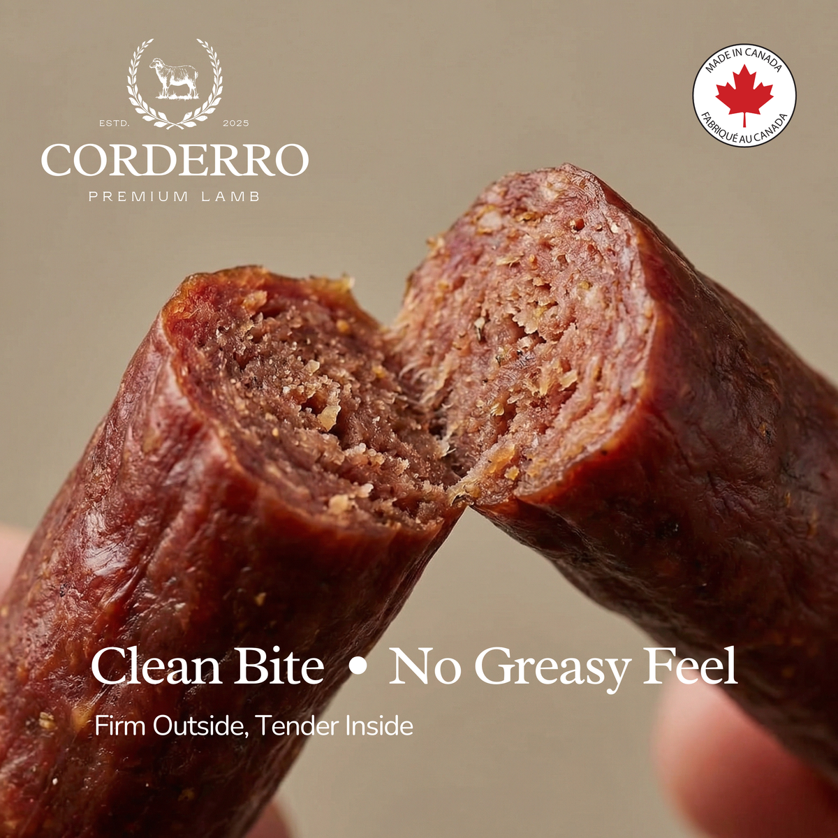 Corderro Premium Lamb Meat Sticks with mild heat, 6 sticks visible in the image, showing seasoned lamb snack with a spicy flavor.