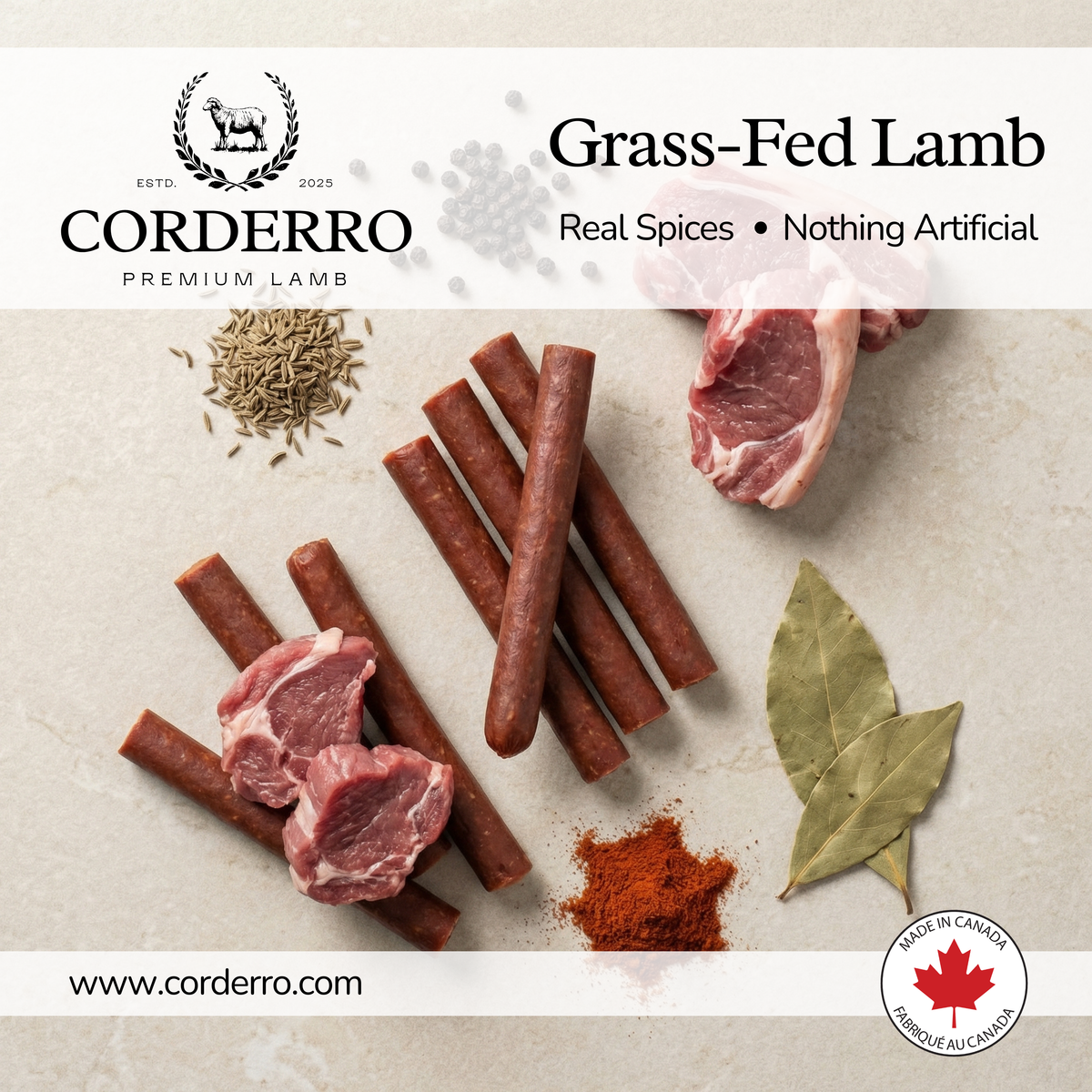 Corderro Premium Lamb Meat Sticks with mild heat, 24 sticks, showing the savory, seasoned lamb snack in a close-up image.