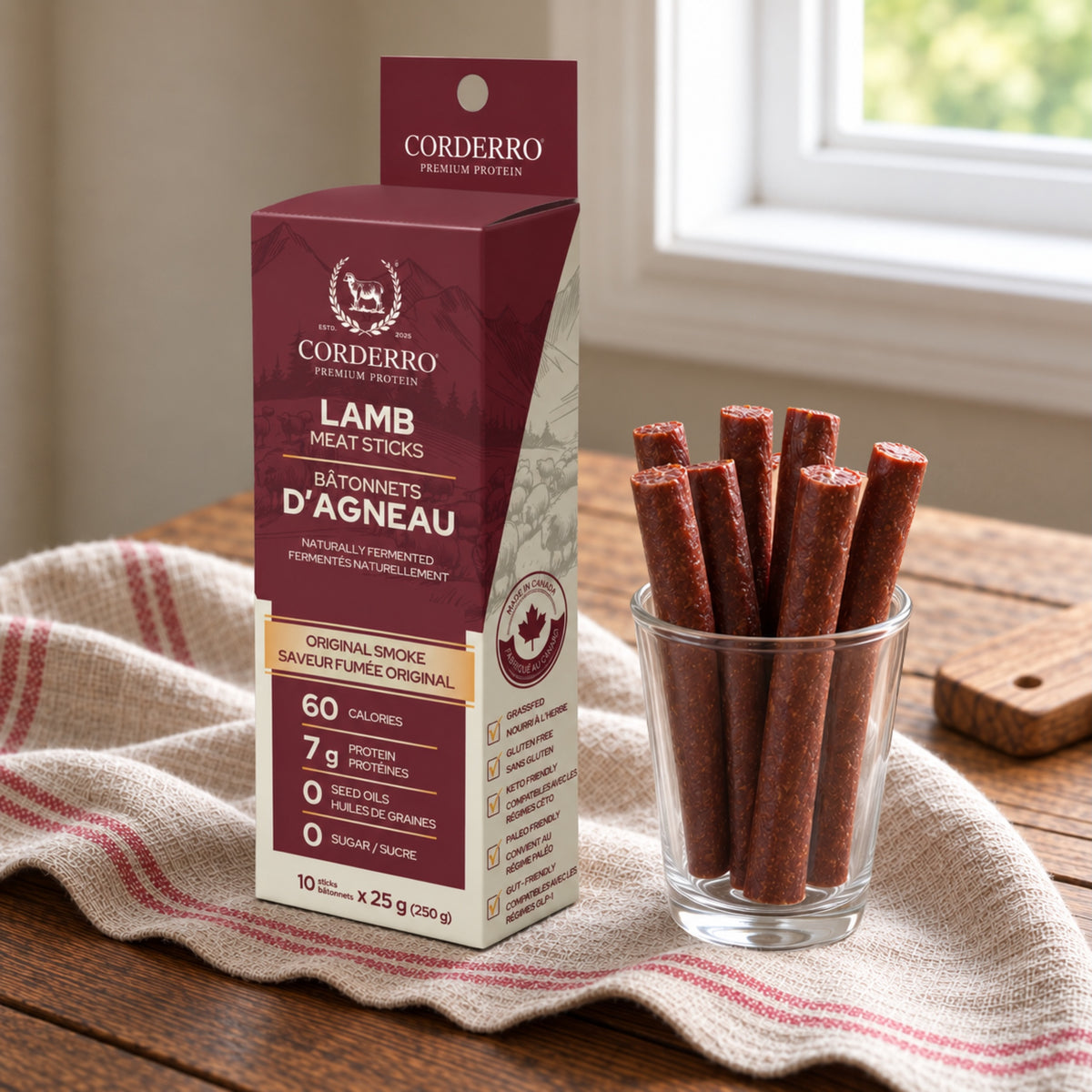 Corderro Premium Lamb Meat Sticks in Original Smoke flavor, showing ten savory, smoked lamb snack sticks on a white background.