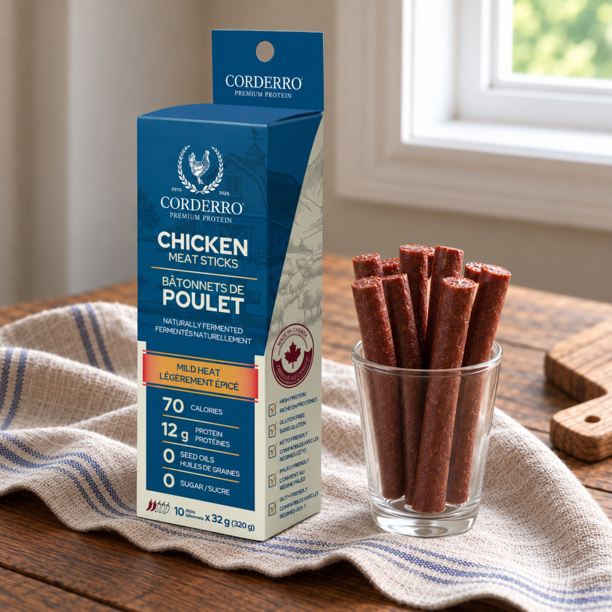 Corderro Premium Chicken Meat Sticks with mild heat, 10 sticks, showing golden-brown cooked chicken snacks on a plate.