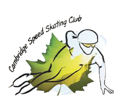 Logo of Cambridge Speed Skating Club with a skater and leaf design on a beige background