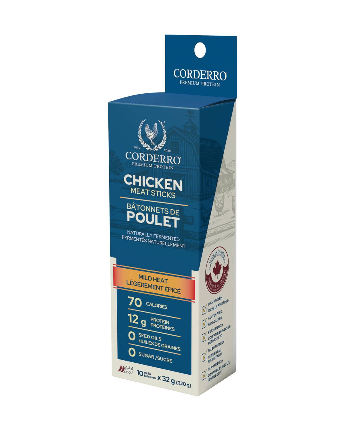 Corderro Premium chicken meat sticks with mild heat, shown in a box, highlighting the flavorful snack's texture and packaging.