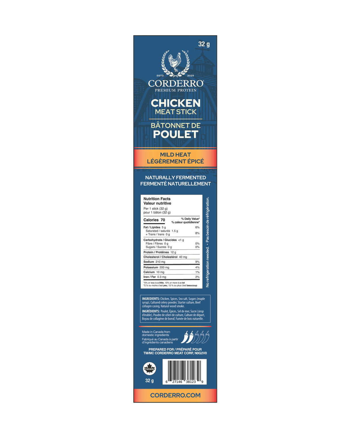 Corderro Premium Chicken Meat Sticks with Mild Heat, 10 sticks in a box, showing the spicy chicken snack with a hint of heat.