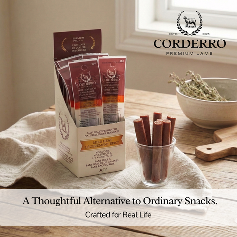 Corderro Premium mild heat lamb meat sticks, showing a close-up of the spiced, flavorful snack sticks in a package.