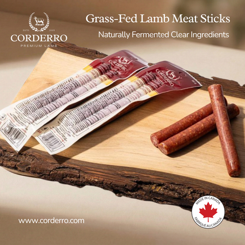 Corderro Premium Lamb Meat Sticks with smoky flavor and original seasoning, displayed in a close-up image.