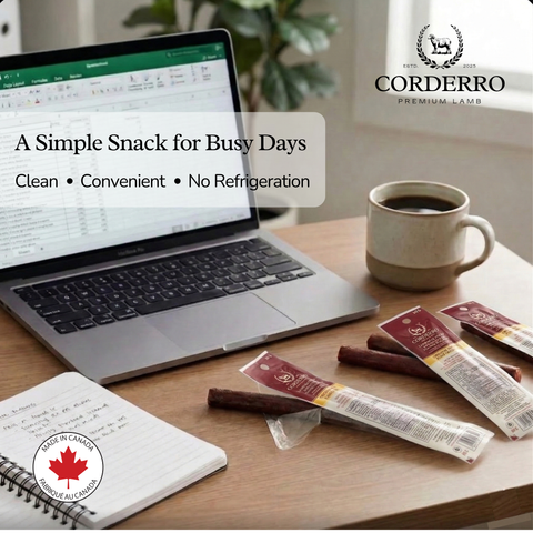 Corderro Premium original smoke lamb meat sticks showing a close-up of savory, seasoned lamb jerky sticks on a wooden surface.