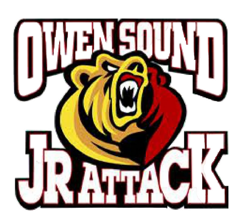Logo of Owen Sound Jr. Attack with a bear design on a beige background