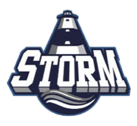Logo with the word 'STORM' and a lighthouse design on a beige background