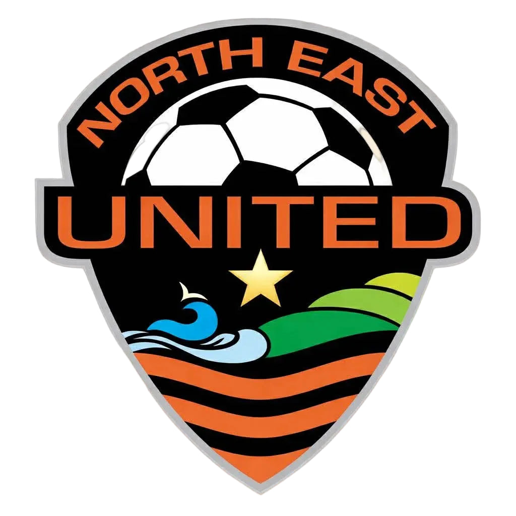 Logo of North East United with a soccer ball, stripes, and a star on a white background
