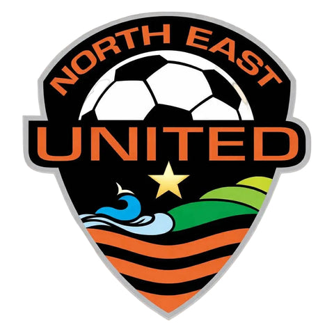 Logo of North East United with a soccer ball, stripes, and a star on a white background